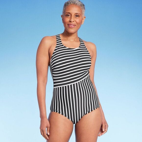 Lands' End Women's UPF 50 Full Coverage Striped High Neck Tugless One Piece Swim - Picture 1 of 3